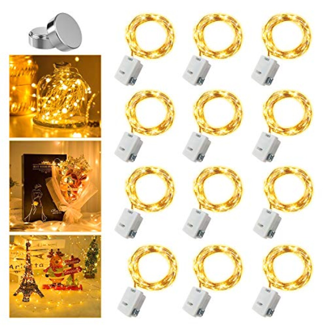 12 Pack Fairy Lights Battery Operated, 3 Speed Modes, Extra 12 Batteries for Replacement, 7Ft 20 LED Mini String Lights, Waterproof Copper Wire, Twinkle Firefly Lights for Christmas Decorations